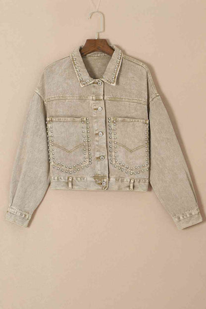 Studded Collared Neck Denim Jacket with Pockets Taupe clothes Jackets & Coats Ship From Overseas SYNZ