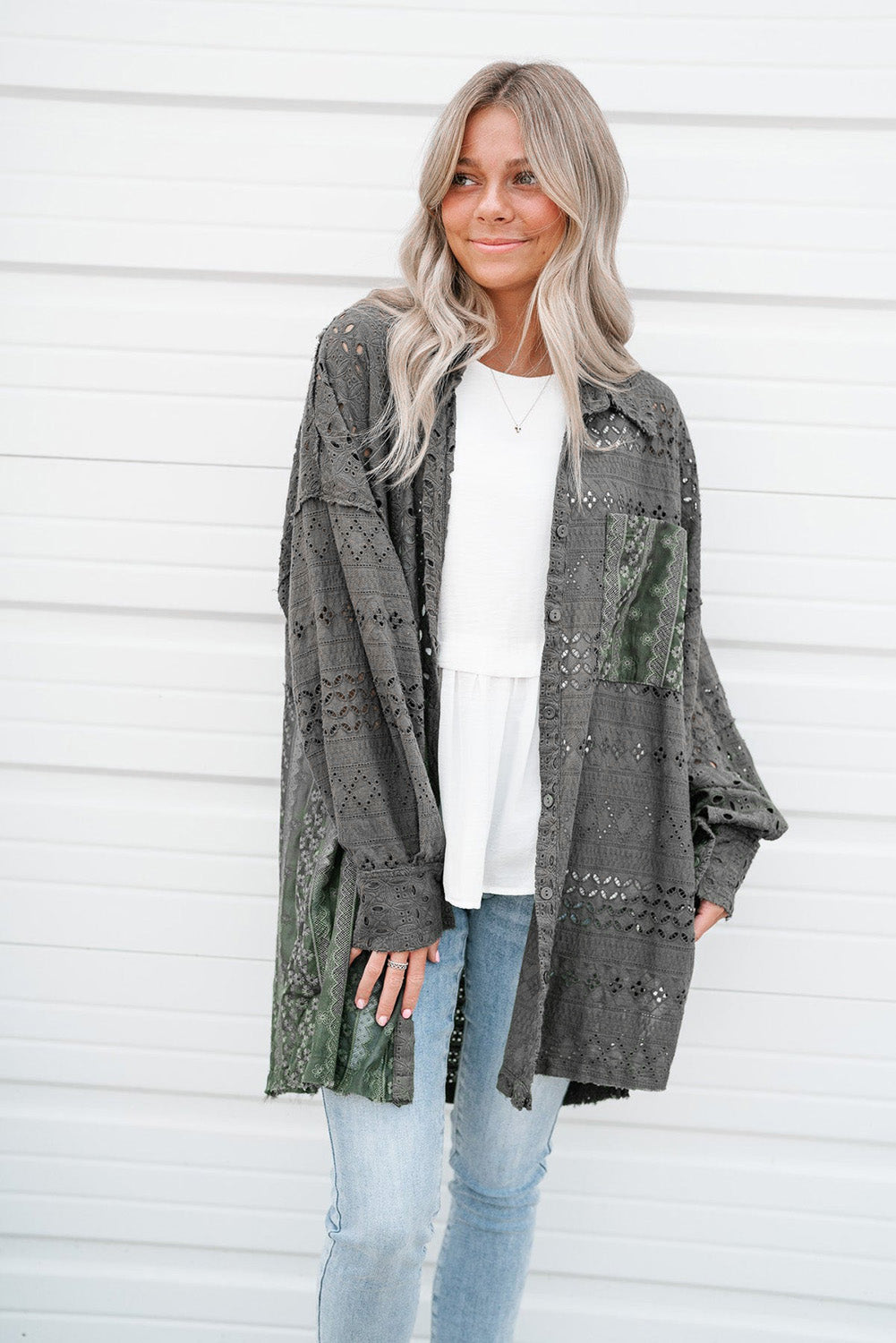 Duffel Green Eyelet Pattern Patchwork Oversized Button Up Shacket