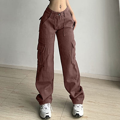 Solid cargo pocket low rise straight leg baggy jeans - Final Sale