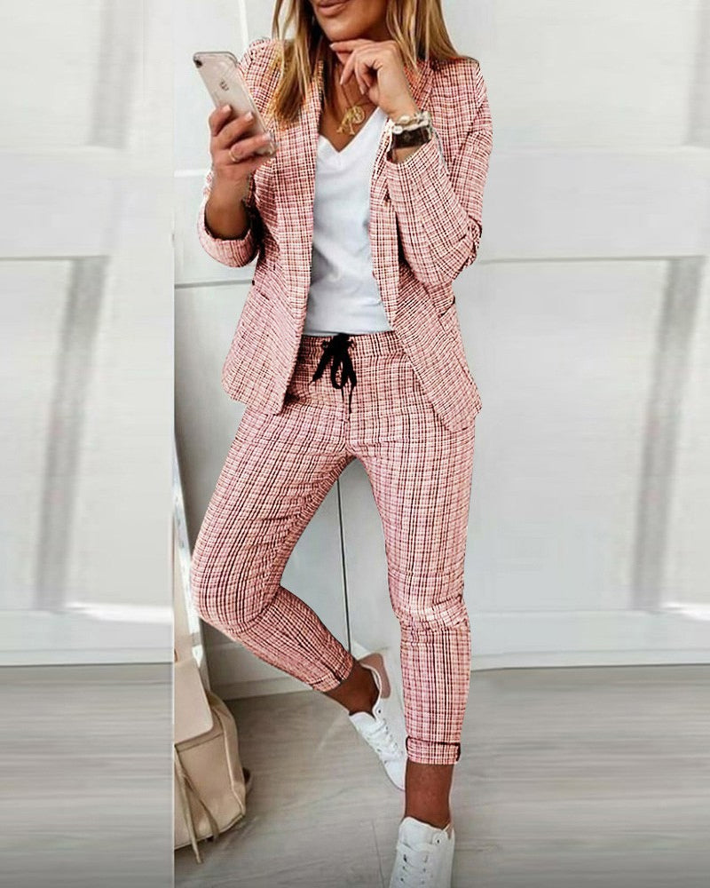 Plaid Comfortable Casual Women's Suit pink 23BF clothes Fall Jackets & Coats Pants Spring Tops/Blouses Winter