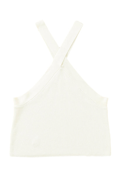 White Ribbed Knit Criss Cross Halter Neck Tank Top