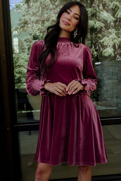 Burgundy Long Sleeve Dress Smocked High Neck Flounce Sleeve Velvet Dress