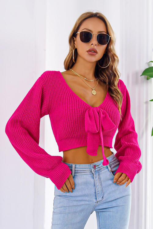 Bow V-Neck Long Sleeve Cropped Sweater Deep Rose clothes crop top crop tops croptop long sleeve shirt long sleeve shirts long sleeve top long sleeve tops M.Y.C Ship From Overseas shirt shirts Sweater sweaters top tops