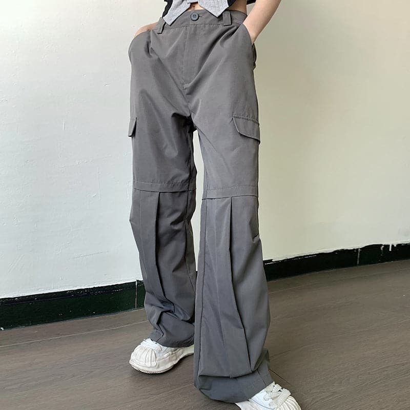 Pleated high rise wide leg solid baggy cargo pant