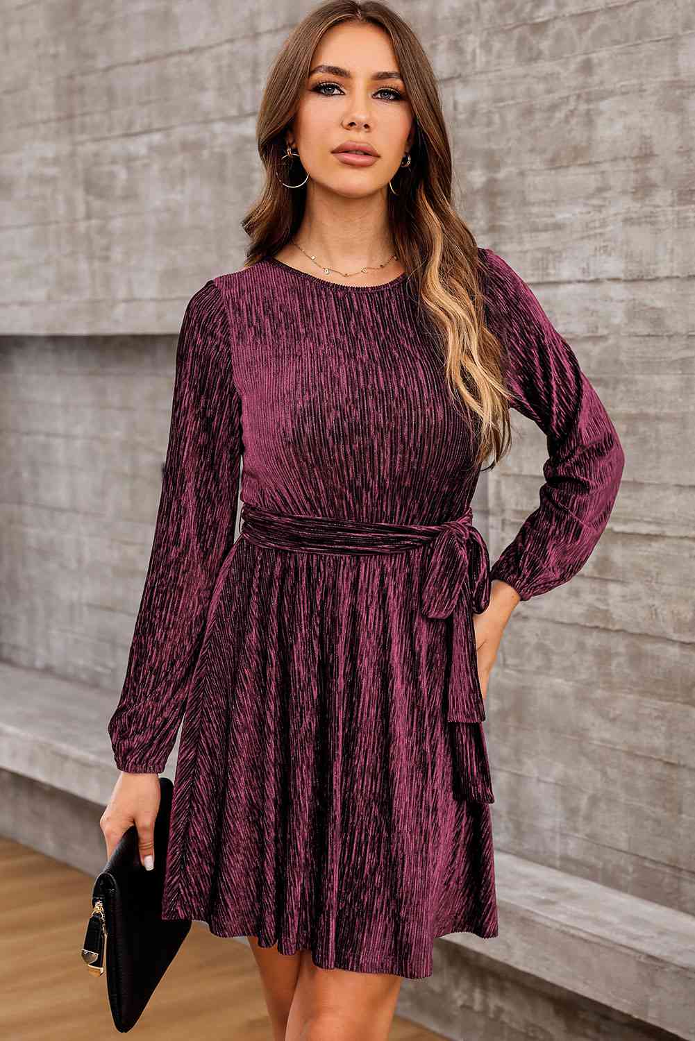 Round Neck Tie Front Long Sleeve Dress Wine clothes dress dresses long sleeve dresses Ship From Overseas short dresses SYNZ