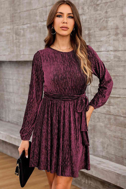 Round Neck Tie Front Long Sleeve Dress Wine clothes dress dresses long sleeve dresses Ship From Overseas short dresses SYNZ