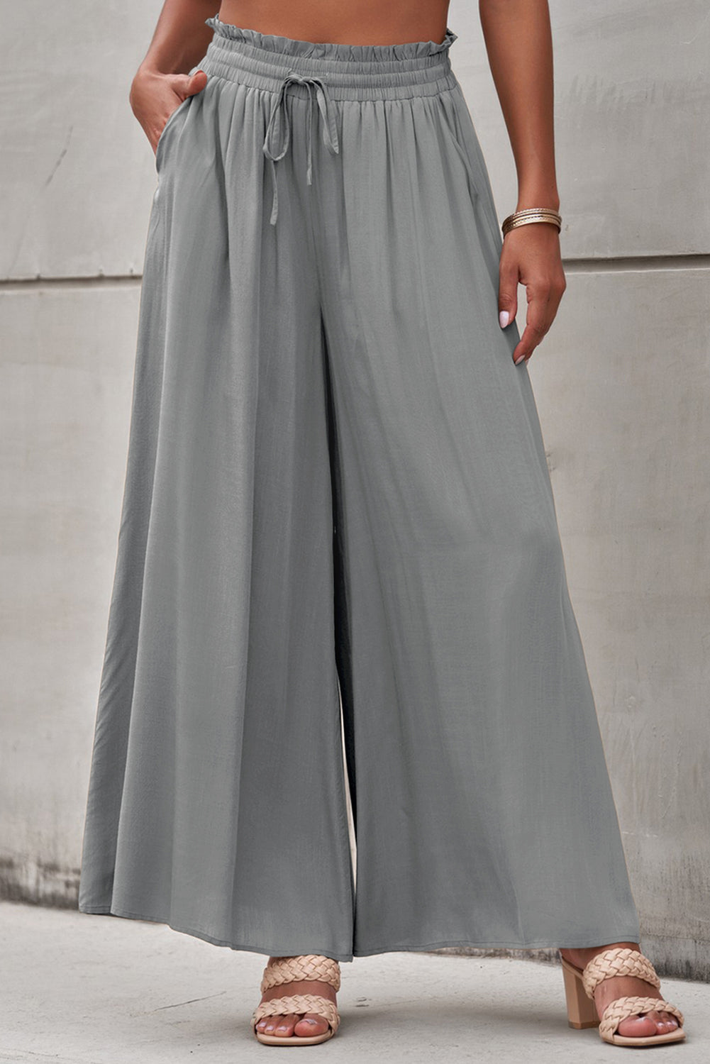 Gray Drawstring Smocked High Waist Wide Leg Pants