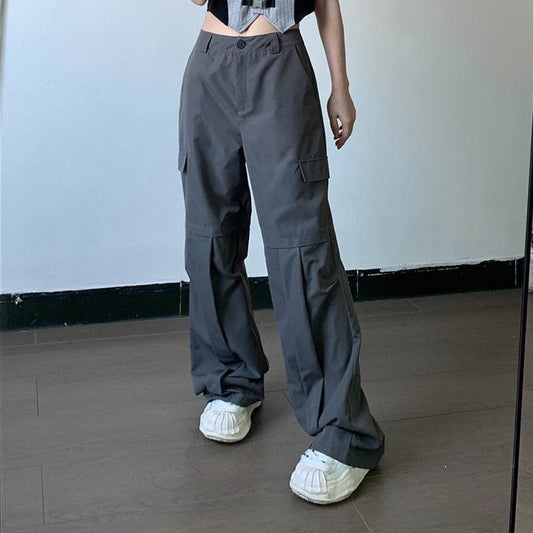 Pleated high rise wide leg solid baggy cargo pant