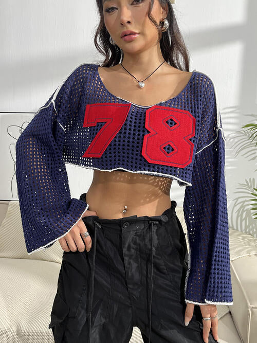 Contrast Patches Long Sleeve Cropped Knit Long Sleeve Top Navy clothes crop top crop tops cropped top croptop long sleeve shirts long sleeve top Ship From Overseas Yh