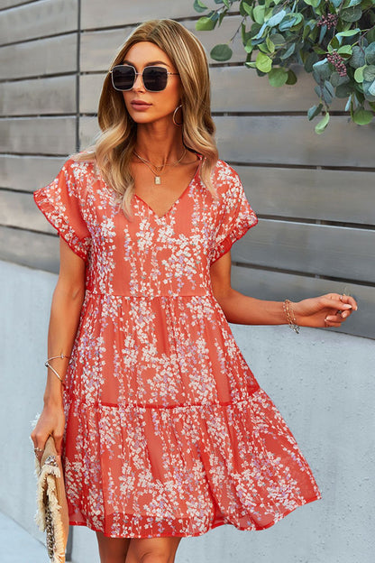 Printed V-Neck Short Sleeve Tiered Casual Dress Red Orange casual dresses clothes dress dresses DY Ship From Overseas short dresses