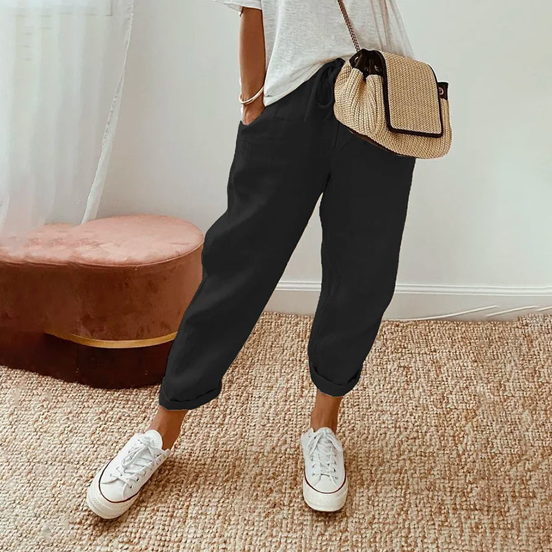 【Cotton And Linen】Casual Solid Color Pants Black best Best Sellings bottoms clothes Cotton And Linen pants Plus Size Sale Topseller