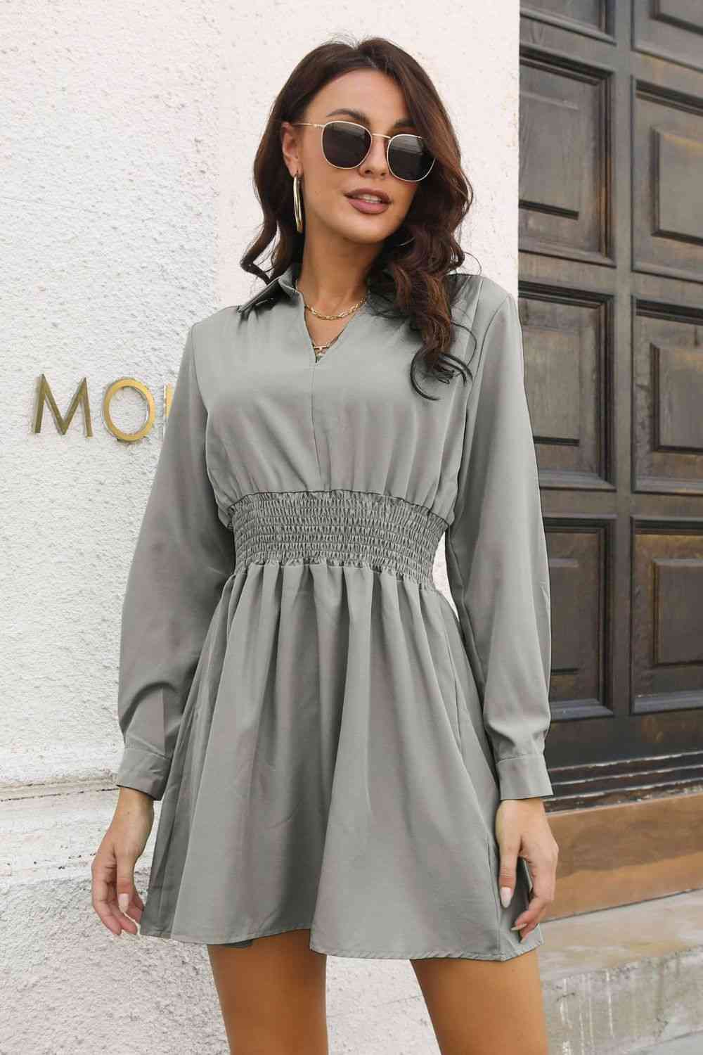 Johnny Collar Smocked Waist Long Sleeve Mini Dress Light Gray .925 B&S casual dresses clothes dress dresses long sleeve dress long sleeve dresses Ship From Overseas short dresses