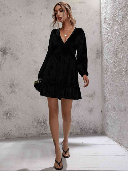 Plunge Long Sleeve Ruffle Hem Velvet Dress