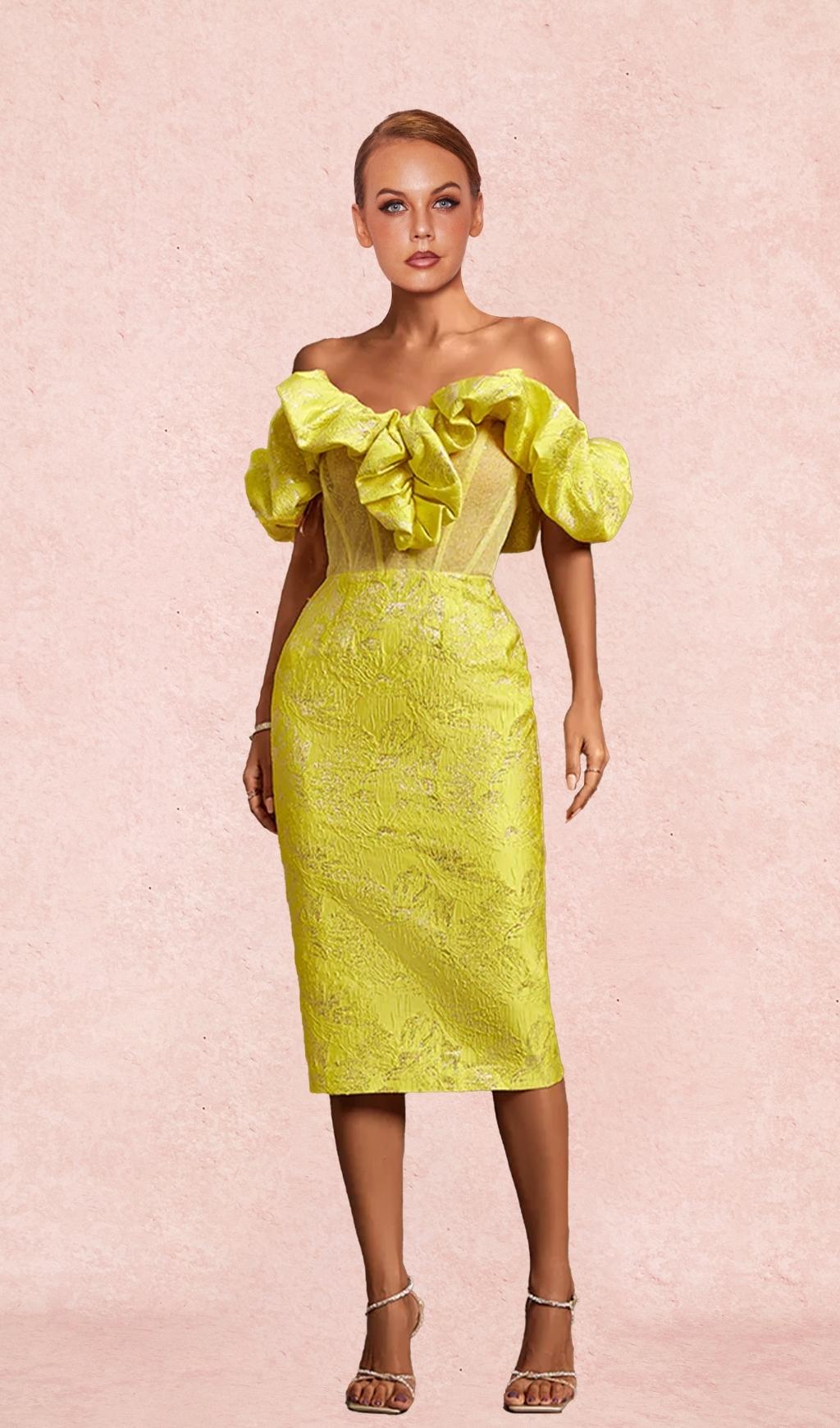 YELLOW OFF SHOULDER PLEATED MIDI BODYCON DRESS