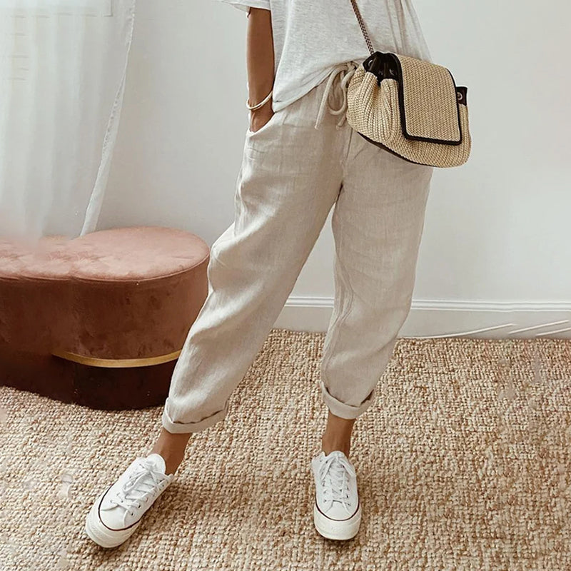 【Cotton And Linen】Casual Solid Color Pants Beige best Best Sellings bottoms clothes Cotton And Linen pants Plus Size Sale Topseller