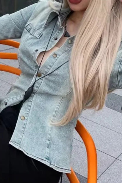 Lapel Single-breasted Bell Sleeve Denim Blouse