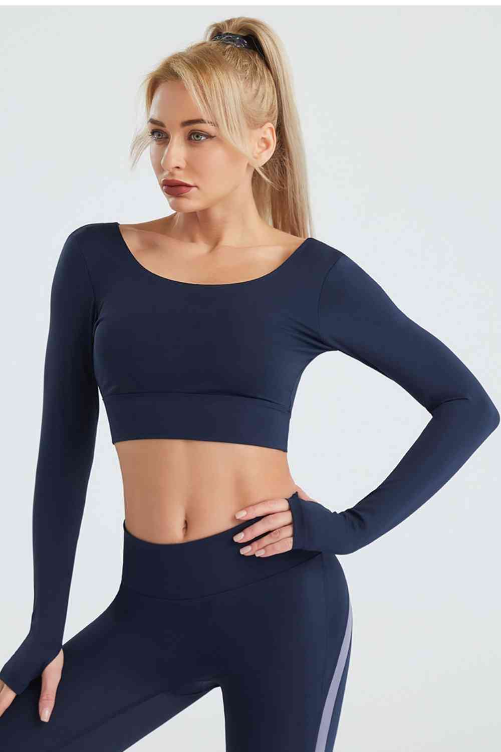 Crisscross Cropped Sports Top Dark Navy activewear clothes crop top croptop J@S long sleeve long sleeve shirts long sleeve top Ship From Overseas