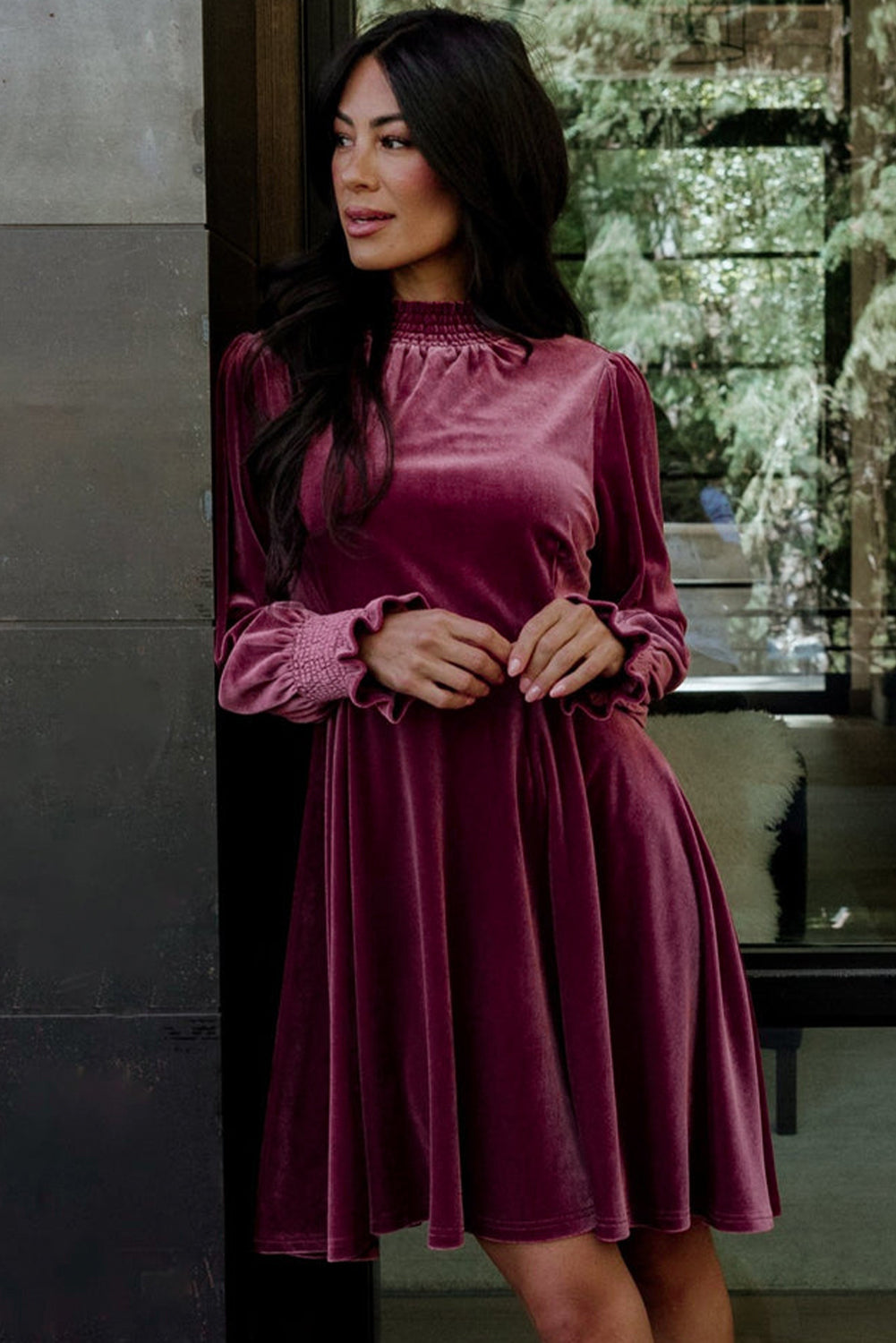 Burgundy Long Sleeve Dress Smocked High Neck Flounce Sleeve Velvet Dress