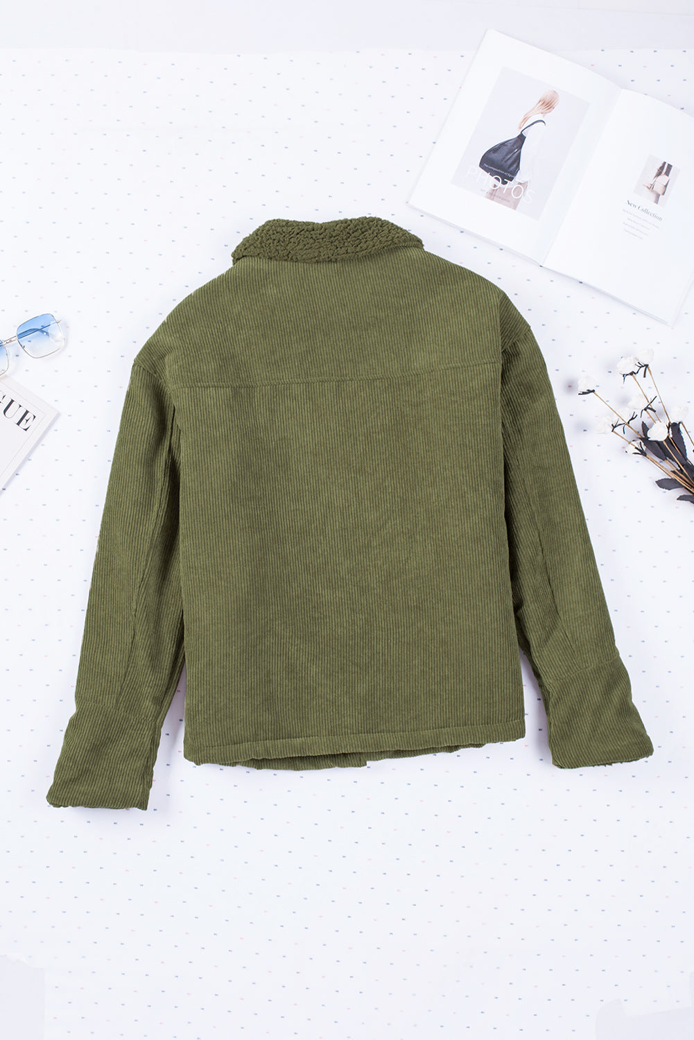 Green Corduroy Ribbed Shell Fleece Lining Jacket