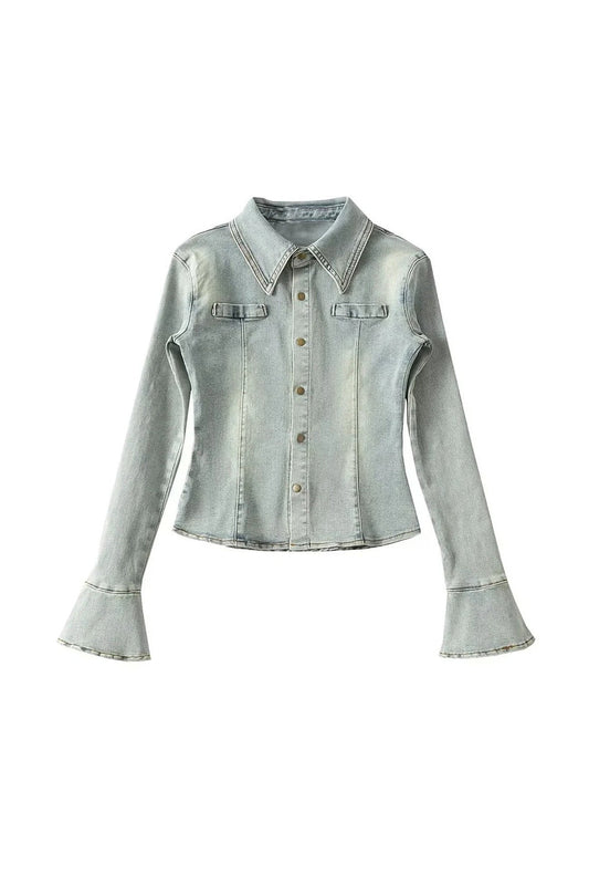 Lapel Single-breasted Bell Sleeve Denim Blouse