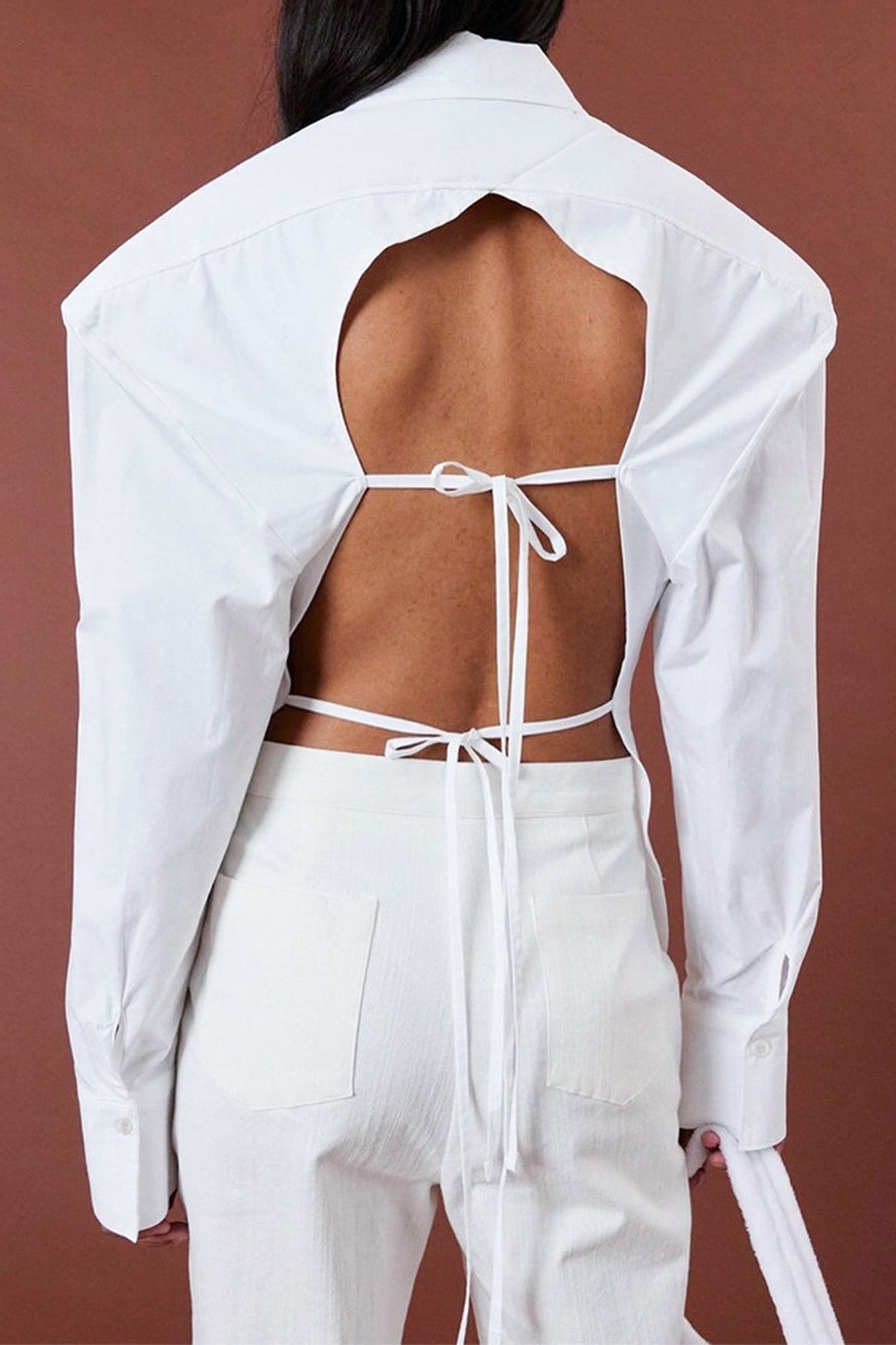 White Backless Lace Up Shoulder Pads Long Sleeve Blouse