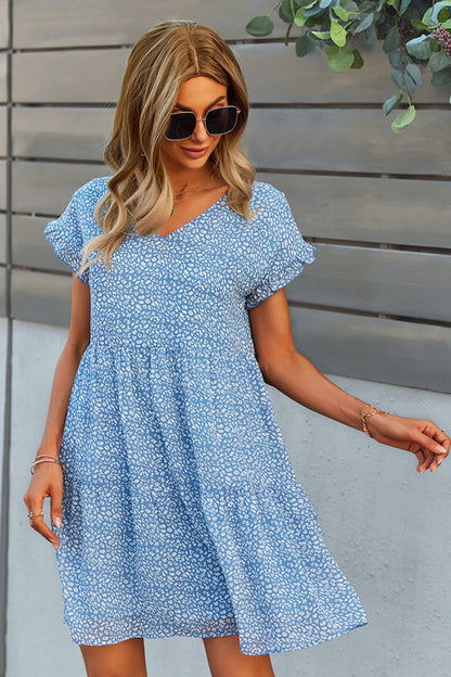 Printed V-Neck Short Sleeve Tiered Casual Dress