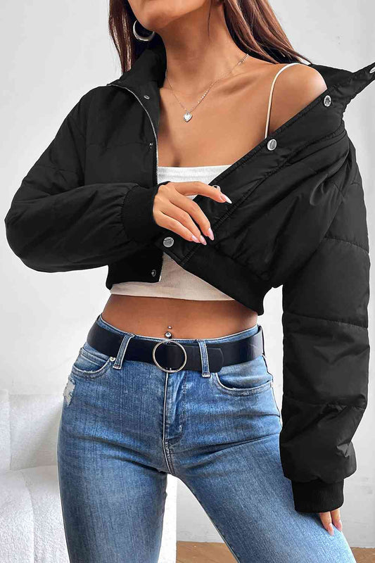 Snap and Zip Closure Crop Puffy Sexy Winter Coat Black clothes Jackets & Coats M@Y Ship From Overseas