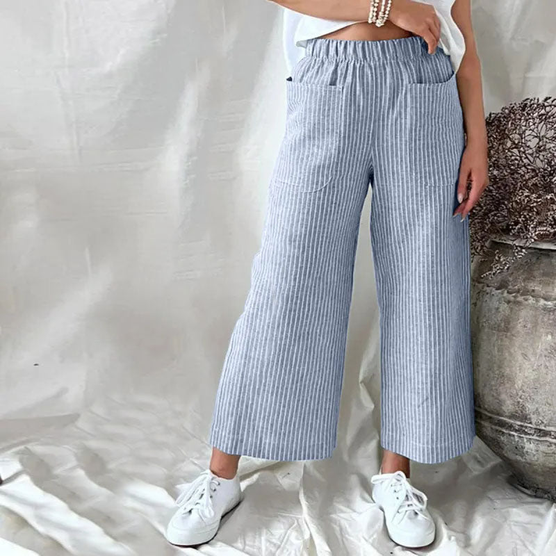 【Cotton And Linen】Casual Striped Trousers Blue best Best Sellings bottoms clothes Cotton And Linen pants Sale Topseller