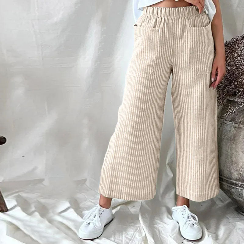 【Cotton And Linen】Casual Striped Trousers Khaki best Best Sellings bottoms clothes Cotton And Linen pants Sale Topseller