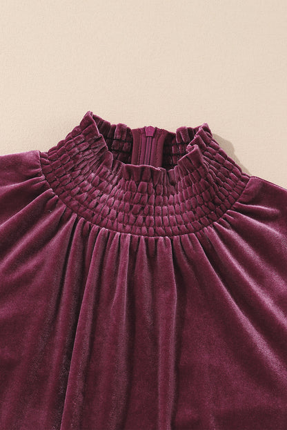 Burgundy Long Sleeve Dress Smocked High Neck Flounce Sleeve Velvet Dress