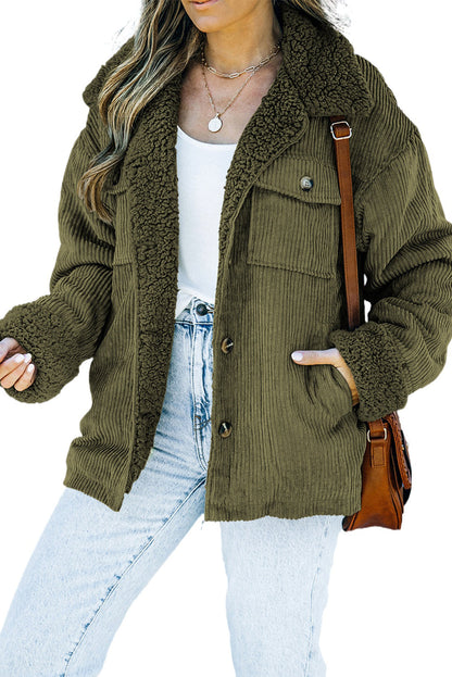 Green Corduroy Ribbed Shell Fleece Lining Jacket