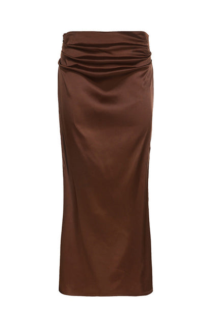 Brown Satin Low-Rise Slit Midi Skirt