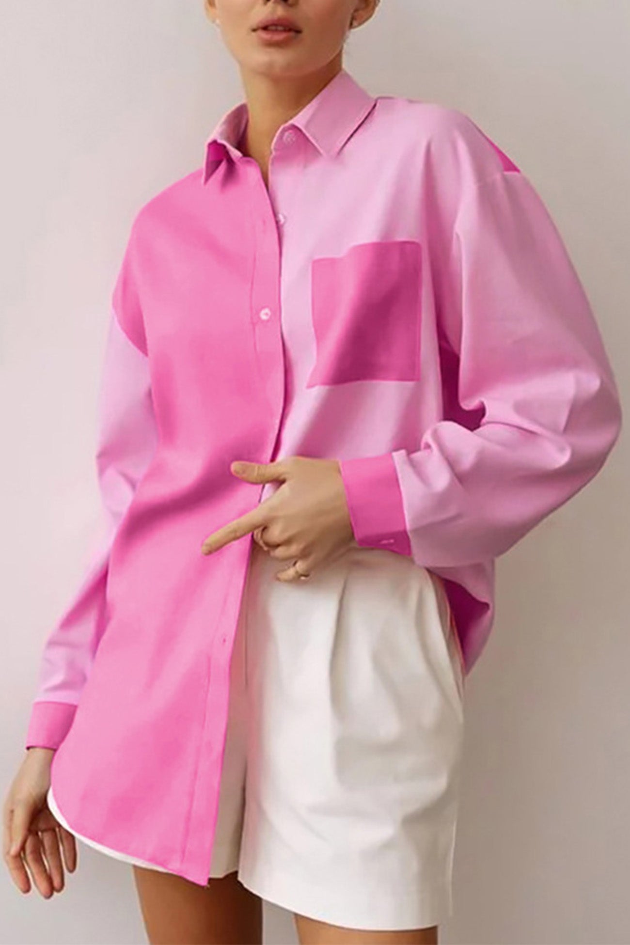 Pink Lapel Pocket Button-Up Long Sleeve Blouse