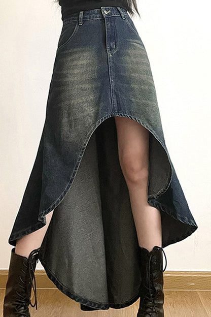 Wash High Rise Distressed Irregular Denim Skirt