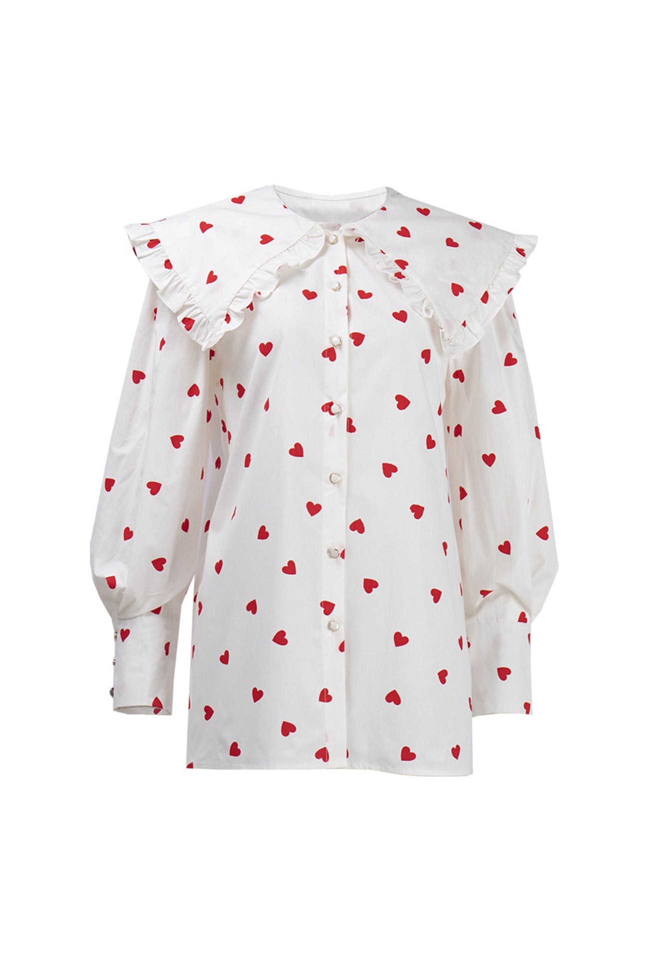 Heart Print Balloon Sleeve Doll Collar Blouse