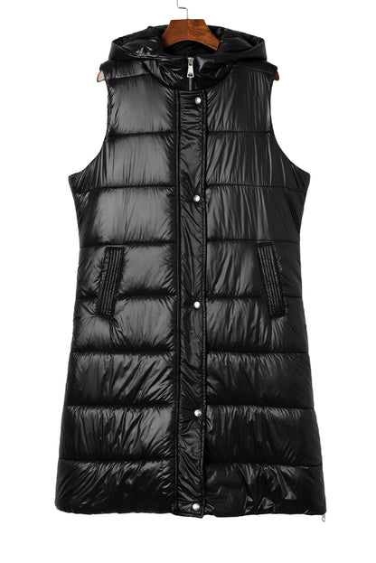 Black Hooded Long Quilted Vest Coat