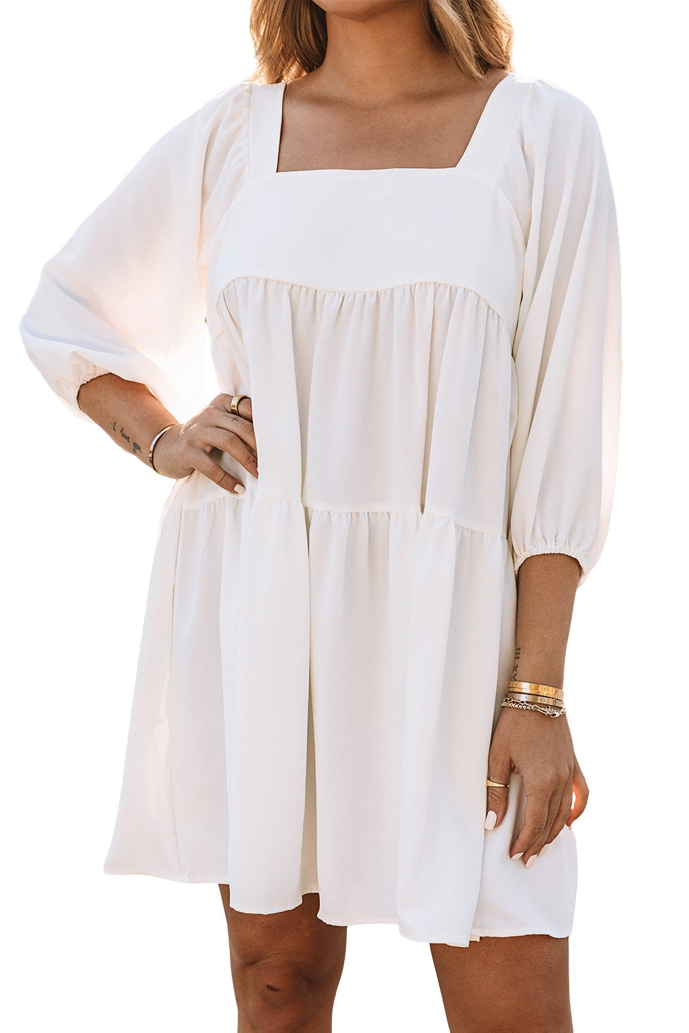 White Square Neck Half Sleeve High Low Mini Dress