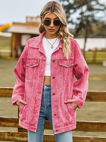 Collared Neck Denim Jacket With Pockets Hot Pink clothes Jackets & Coats M.F Ship From Overseas