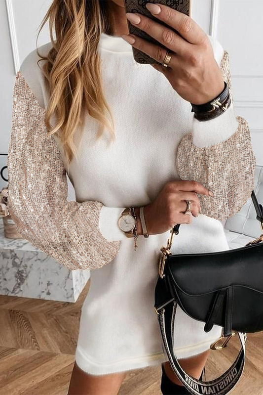 White Sequin Puff Sleeve Shift Mini Long Sleeve Sweater Dress White 90%Polyester+10%Elastane casual dresses clothes Craft Sequin Day Christmas dress dresses Hot picks long sleeve dress long sleeve dresses Occasion Daily Print Solid Color Season Winter short dresses Style Elegant