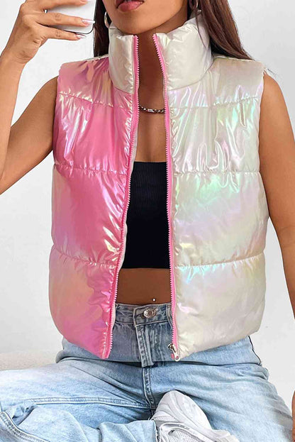 Turtleneck Color Block Pink Chrome Sleeveless Vest