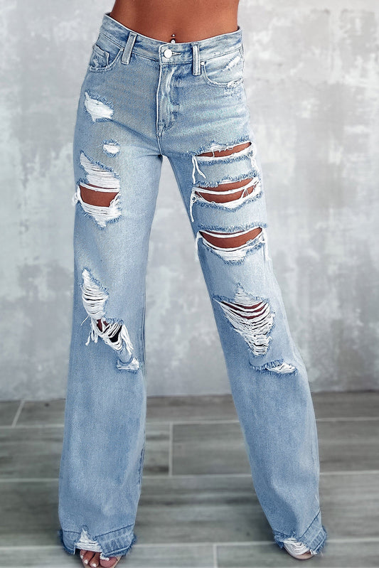 Sky Blue Vintage Distressed Ripped Wide Leg Jeans Sky Blue 65%Cotton+33%polyester+2%Elastane All In Stock bottoms clothes Color Blue Craft Distressed EDM Monthly Recomend Fabric Denim Jeans Occasion Daily pants ripped jeans Season Spring Silhouette Wide Leg Style Casual