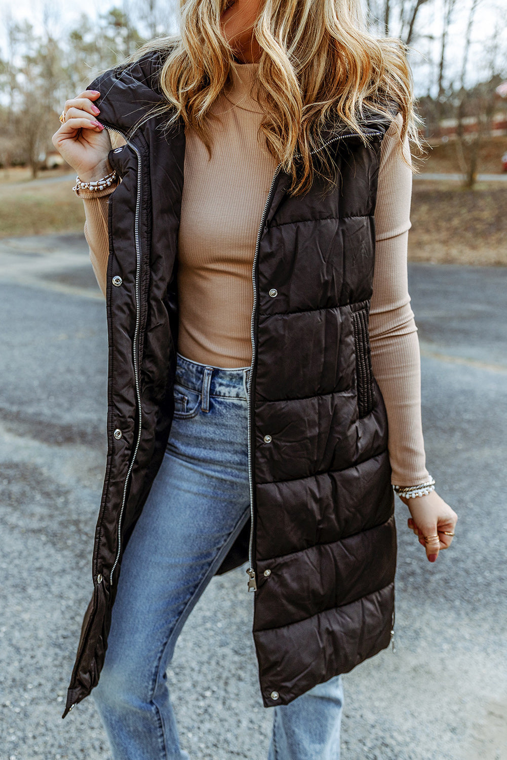 Black Hooded Long Quilted Vest Coat Black 100%Polyamide All In Stock Best Sellers clothes Craft Quilted DL Chic DL Exclusive EDM Monthly Recomend EDM Warm Jacket Jackets & Coats long vest Occasion Daily Print Solid Color puffy vest Season Winter Style Casual