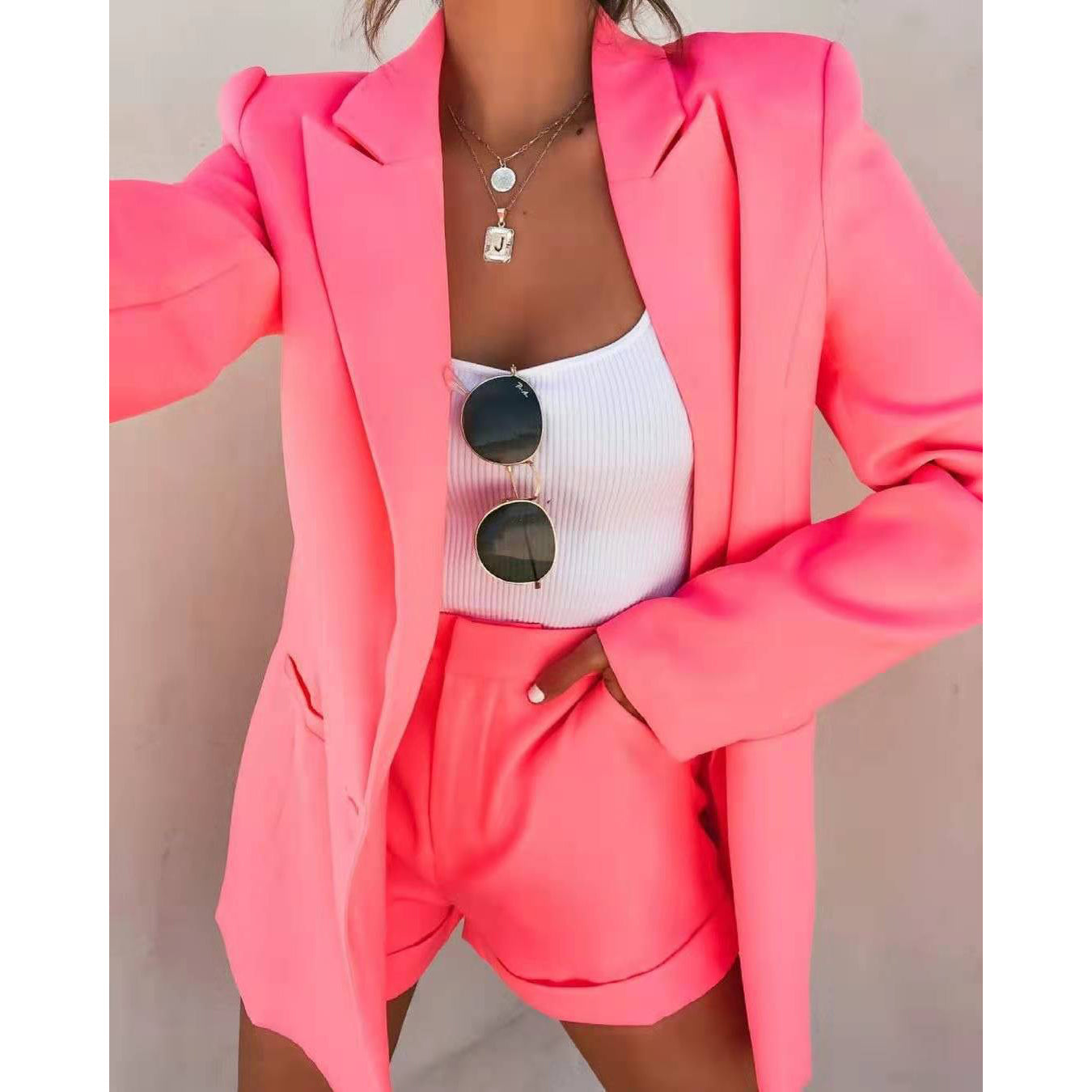 2-Piece: Women's Basic Shirt Collar Blazer Pink __stock:200 Jackets & Coats refund_fee:1200