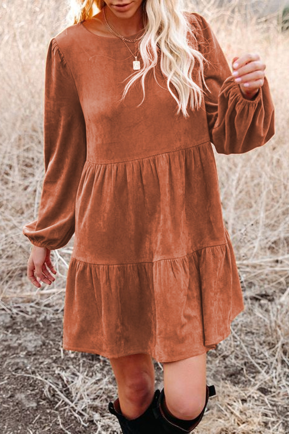 Chestnut Faux Suede Tiered Babydoll Dress Chestnut 88%Polyester+12%Elastane All In Stock casual dress casual dresses clothes dress long sleeve dress long sleeve dresses Occasion Daily Print Solid Color short dresses Silhouette A-Line Style Western