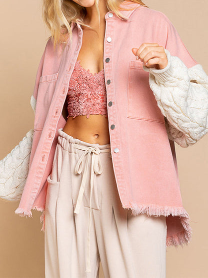 Cable-Knit Raw Hem Denim Jacket Blush Pink clothes Denim Jacket jacket Jackets & Coats Ship From Overseas T.F@Denim