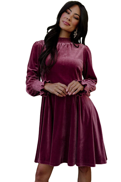 Burgundy Long Sleeve Dress Smocked High Neck Flounce Sleeve Velvet Dress