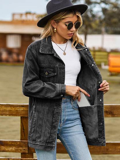 Collared Neck Denim Jacket With Pockets