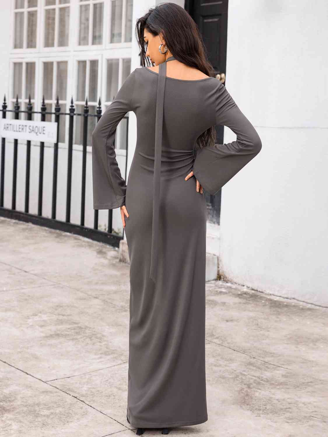 Tie Detail Long Sleeve Sexy Maxi Dress