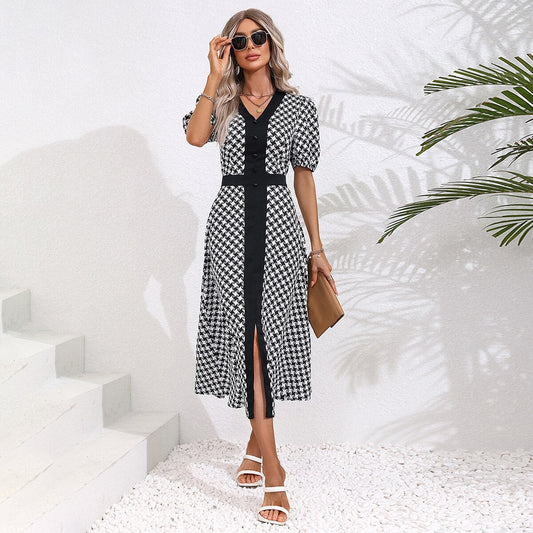 Janice Summer Casual Puff Sleeve Slit Midi Dress