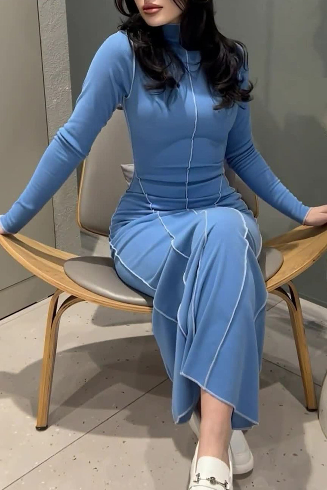 Solid Color Mock Neck Midi Dress